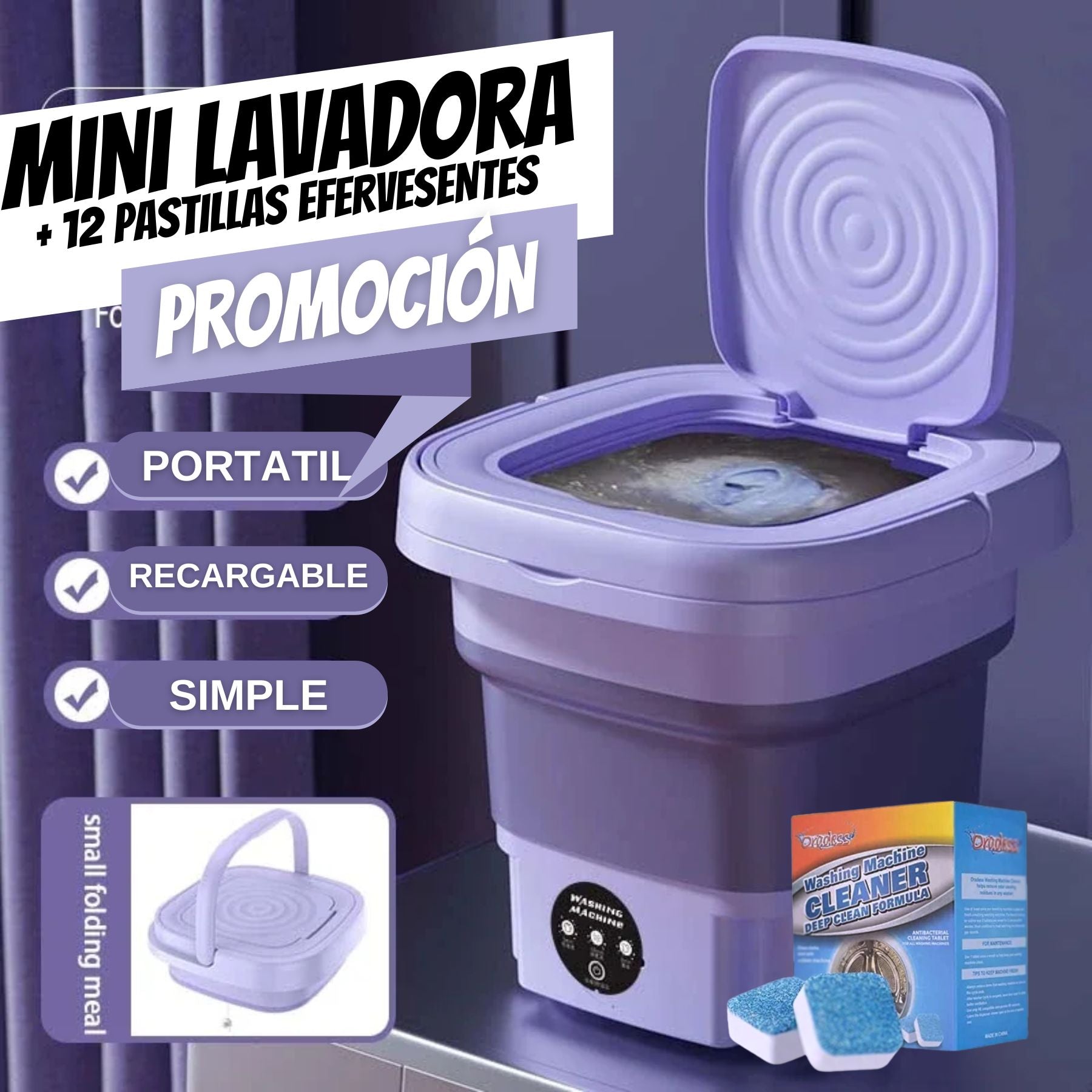 PROMO Mini Lavadora + 12 Pastillas de Limpieza para lavadoras